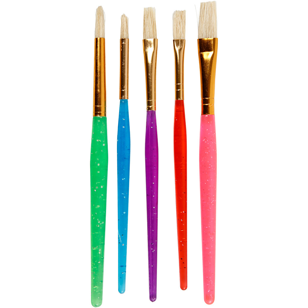 Kids Paint Brushes, no. 8+12+18, L: 14-16 cm, W: 5-10 mm, flat,round, assorted colours, 5 pc