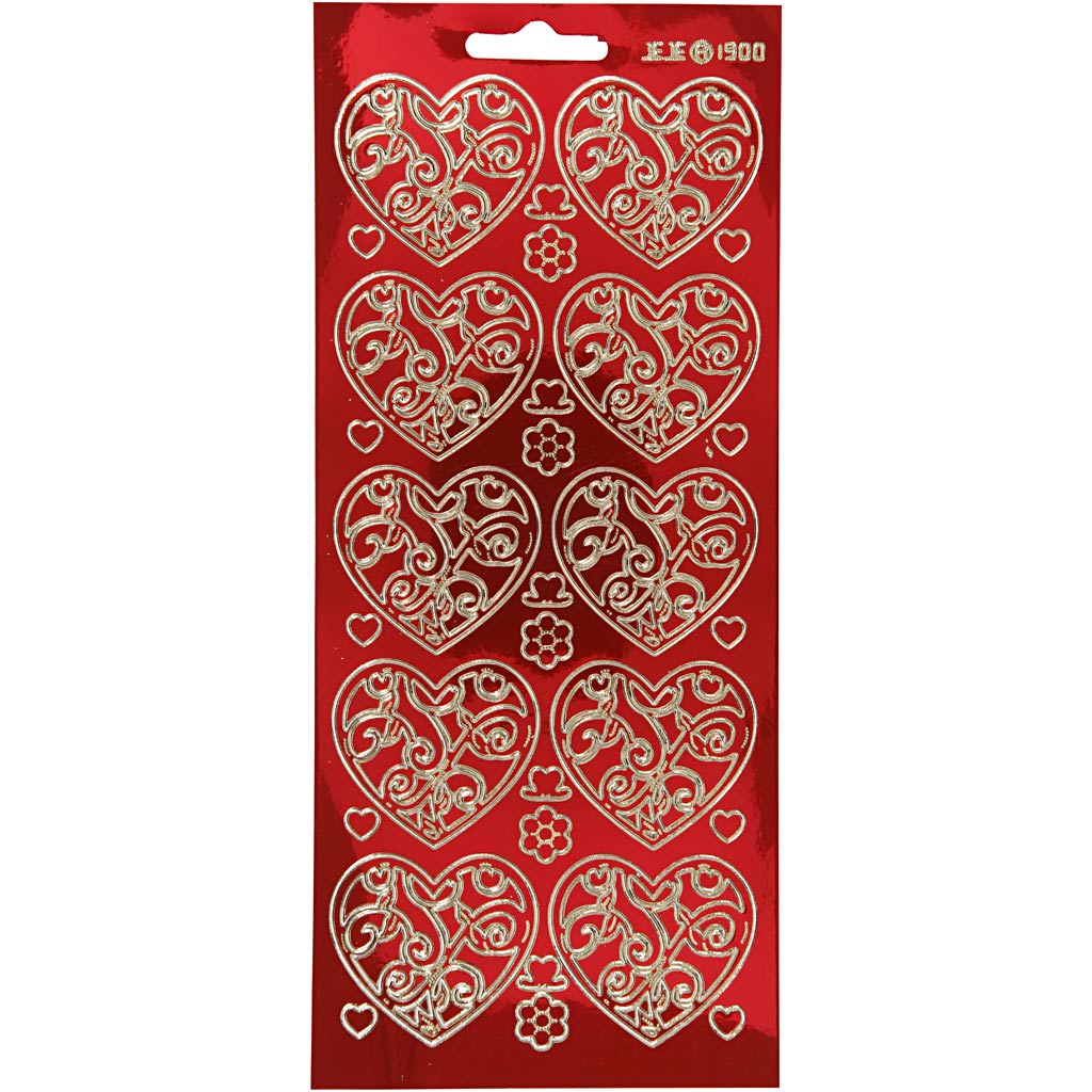Stickers, hearts, sheet 10x23 cm, gold, transparent red, 1 sheet