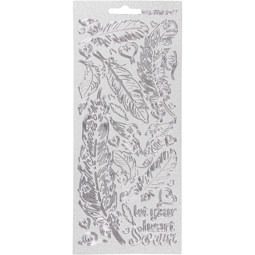 Stickers, feathers, sheet 10x23 cm, silver, 1 sheet