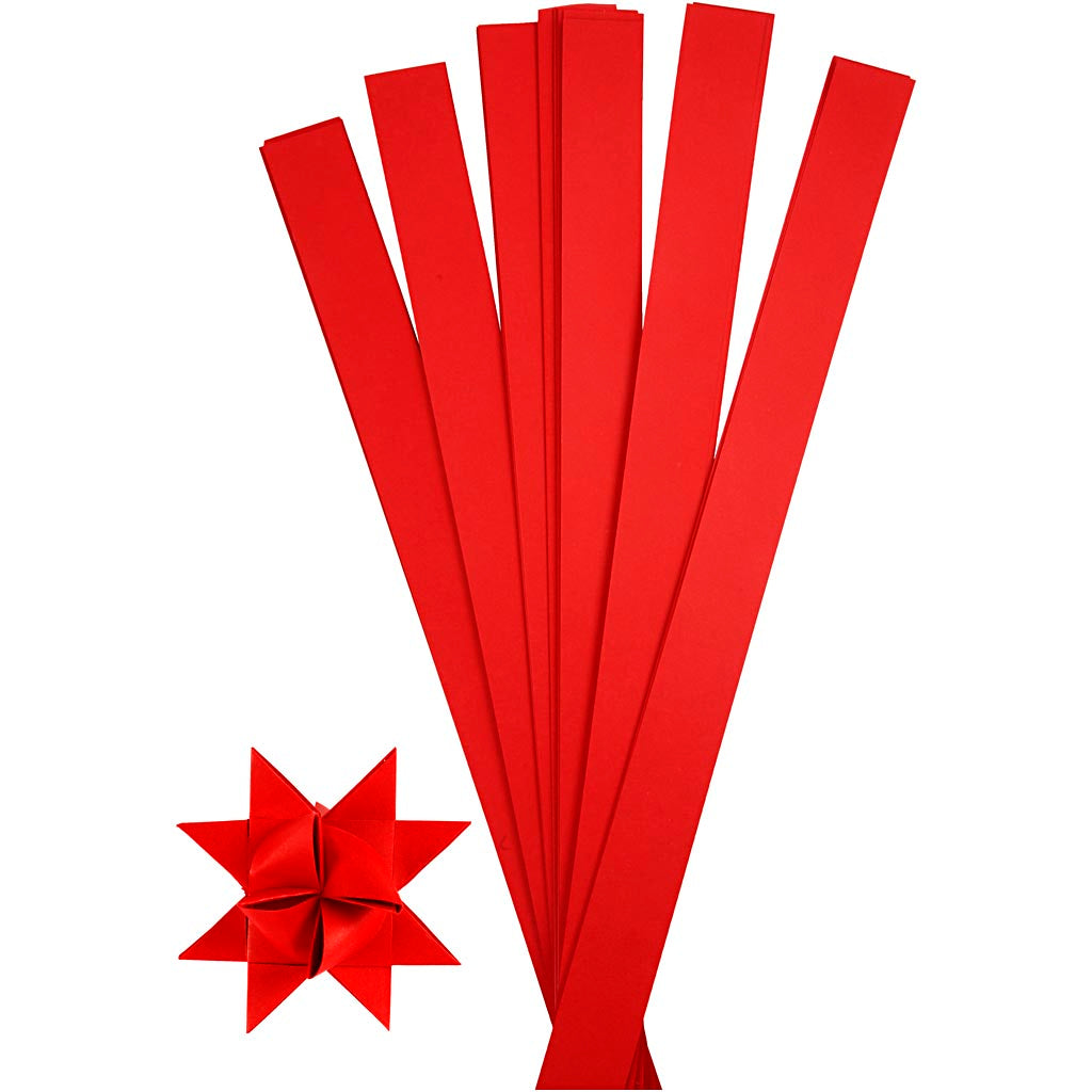 Paper Star Strips, L: 73 cm, W: 25 mm, dia. 11,5 cm, red, 100 strips