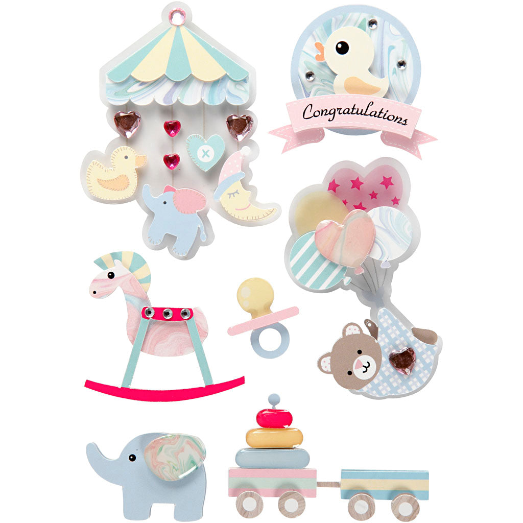 3D Stickers, baby, H: 25-70 mm, W: 20-55 mm, thickness 7 mm, 8 pc