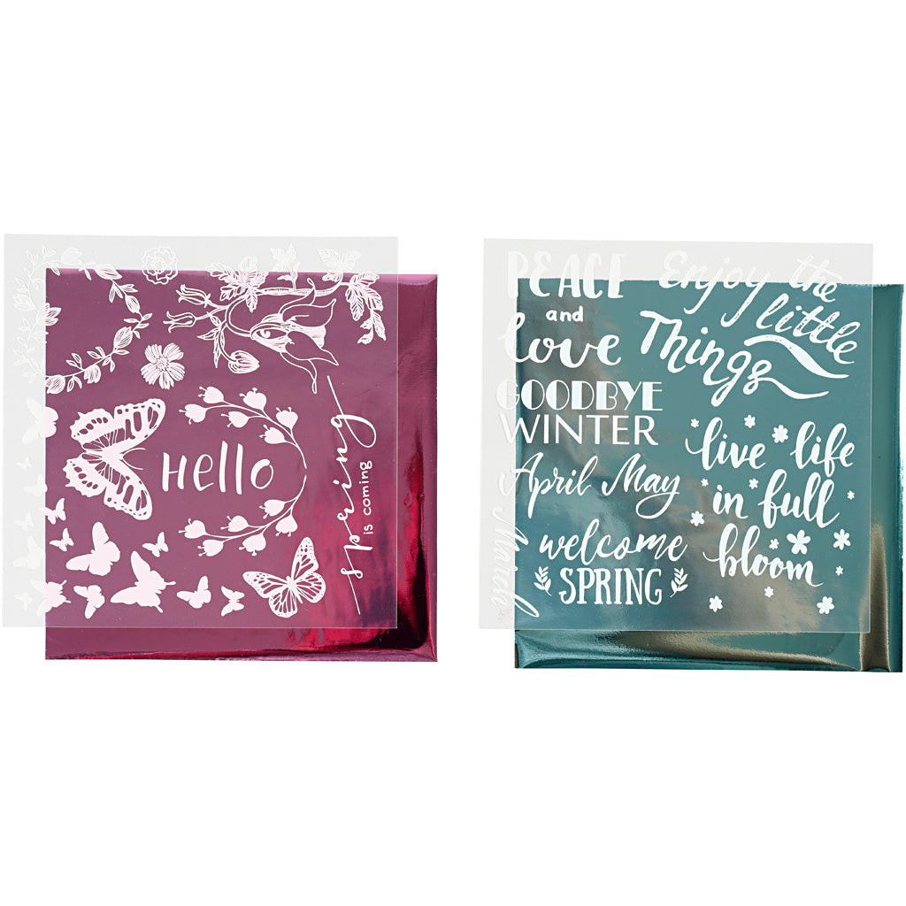 Deco Foil and transfer sheet, spring, sheet 15x15 cm, light blue, pink, 2x2 sheet