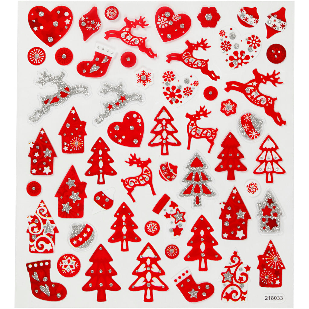 Stickers, red/white Christmas, sheet 15x16,5 cm, ca. 54 pc, 1 sheet