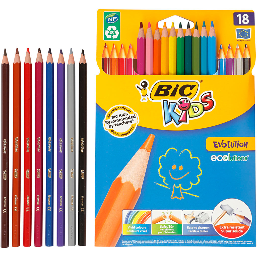 BIC Evolution Colour Pencils, Hexagonal, L: 17,5 cm, lead 3 mm, assorted colours, 18 pc
