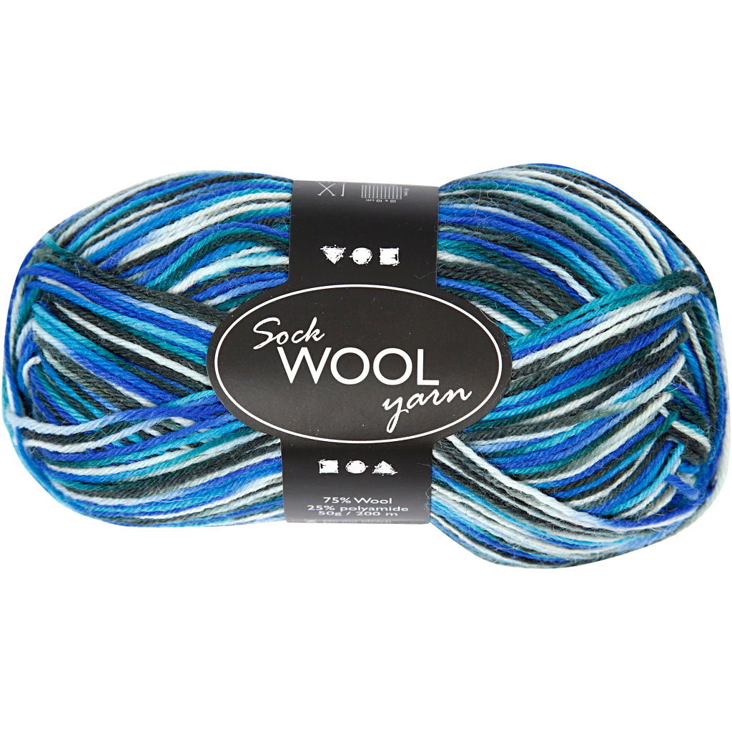Sock Yarn, L: 200 M, blue/turkis harmony, 50 g/ 1 ball