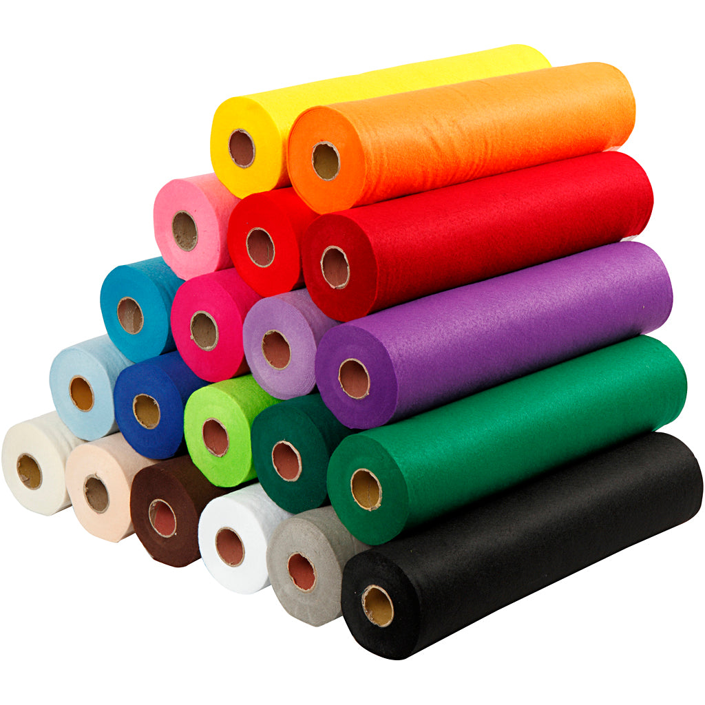 Craft felt, W: 45 cm, thickness 1,5-2 mm, 180-200 g, assorted colours, 20x5 m