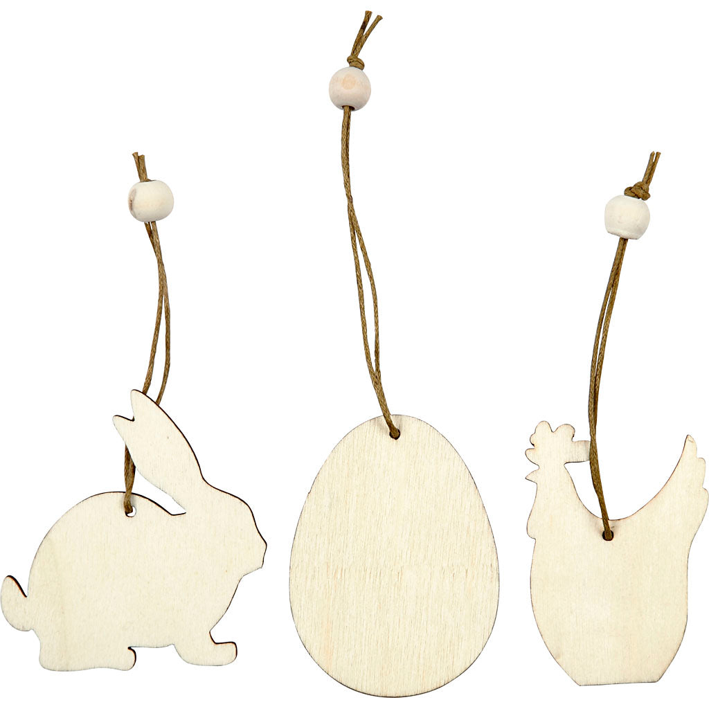 Wooden Ornament, rabbit, egg, hen, size 6 cm, thickness 3 mm, 9 pc