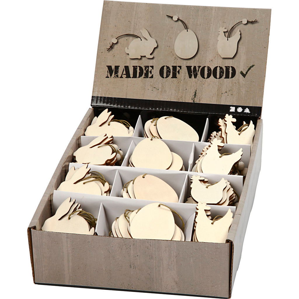 Wooden Ornament, rabbit, egg, hen, size 6 cm, thickness 3 mm, 200 pc