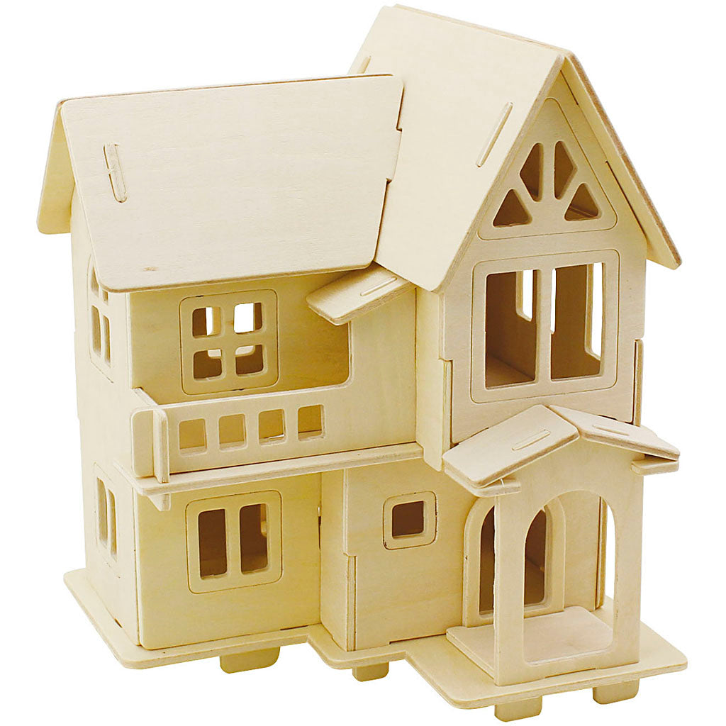 3D Wooden Construction Kit, House with balcony, size 15,8x17,5x19,5