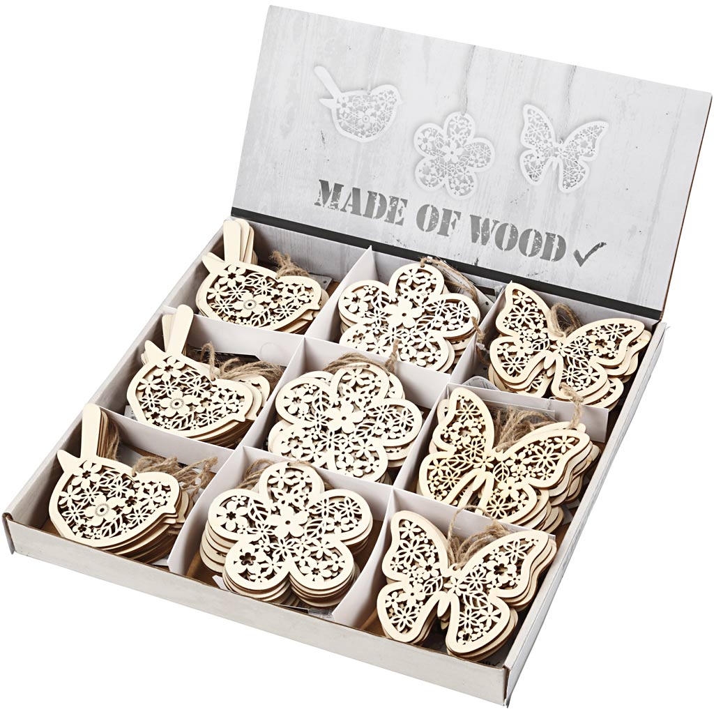 Wooden Ornament, butterfly, flower and bird, H: 10 cm, W: 10 cm, 90 pc