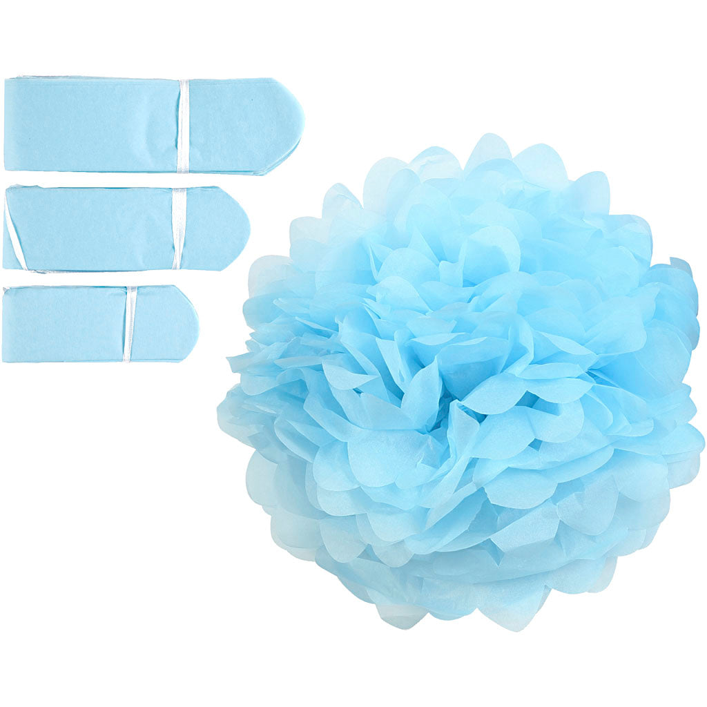 Tissue Pompons, dia. 20+24+30 cm, 16 g, light blue
