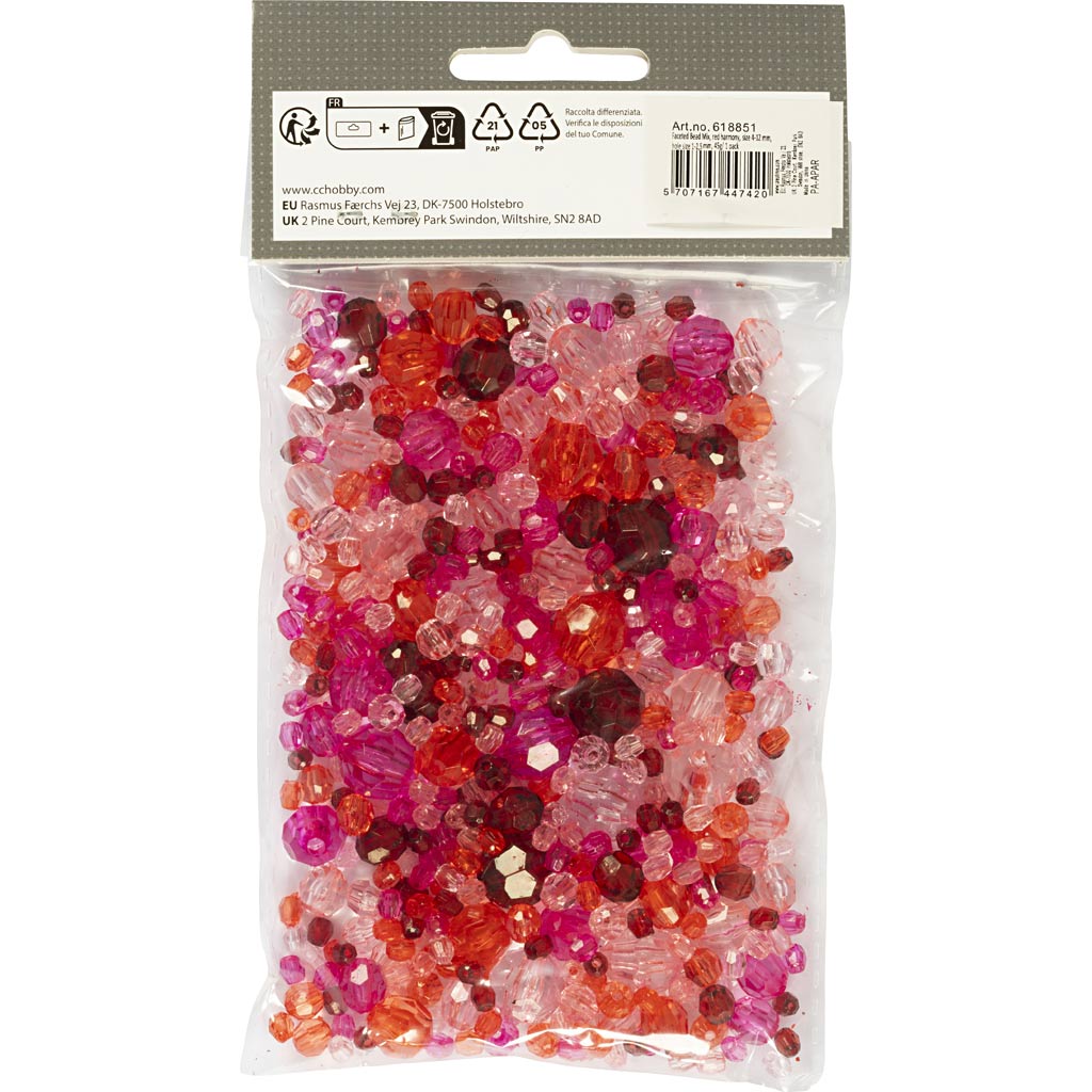 Facet Beads, size 4-12 mm, hole size 1-2,5 mm, ca. 170 pc, red harmony, 45 g