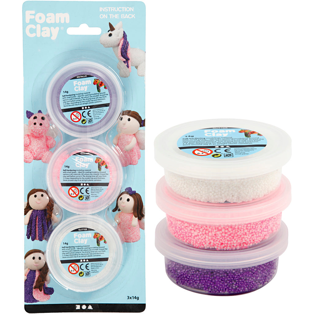 Foam Clay®, glitter,metallic, pink, purple, white, 3x14 g
