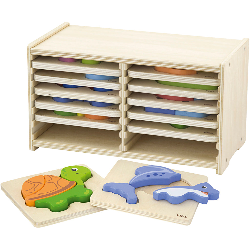 VIGA jigsaw puzzle rack with 12 puzzles, H: 17,5 cm, L: 31,5, W: 16 cm, 2 puzzle pieces, 12 parts/ 1 set