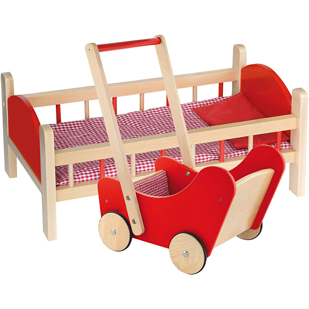 VIGA doll’s bed and wooden doll's pram, red, 2 parts/ 1 set
