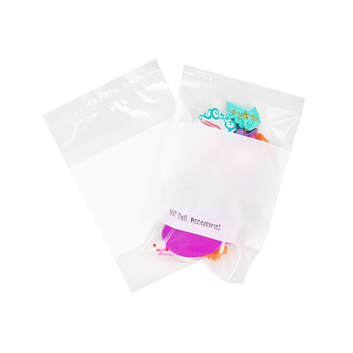 Grip Seal Bags with Write-on-Panel 15x23cm Crystal Clear PP 50 micron, showing the bag empty and filled with a product