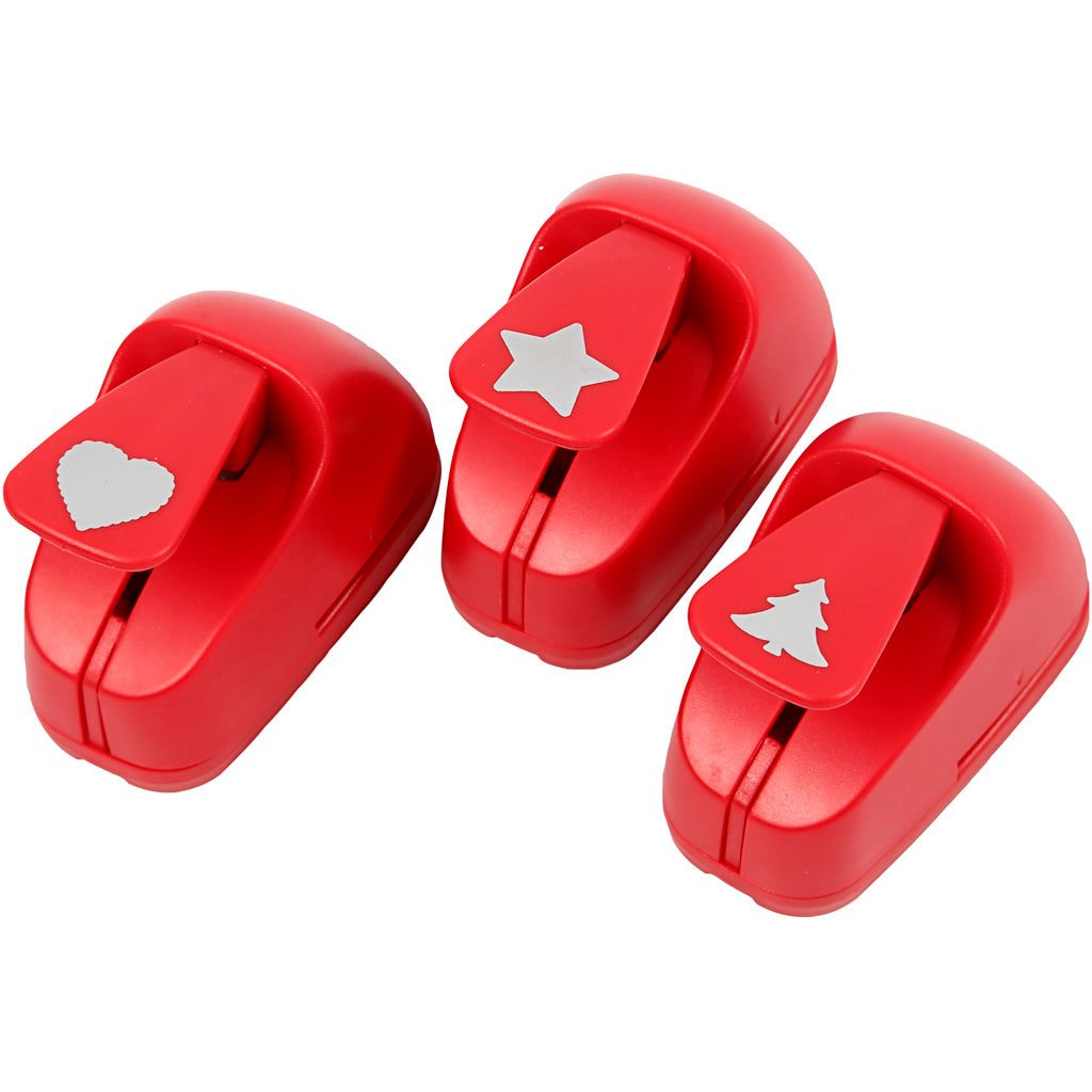 Set de perforatrices, ëtoile, coeur, sapin de Noël, dim. 16 mm, rouge, 1 set [HOB-11340]