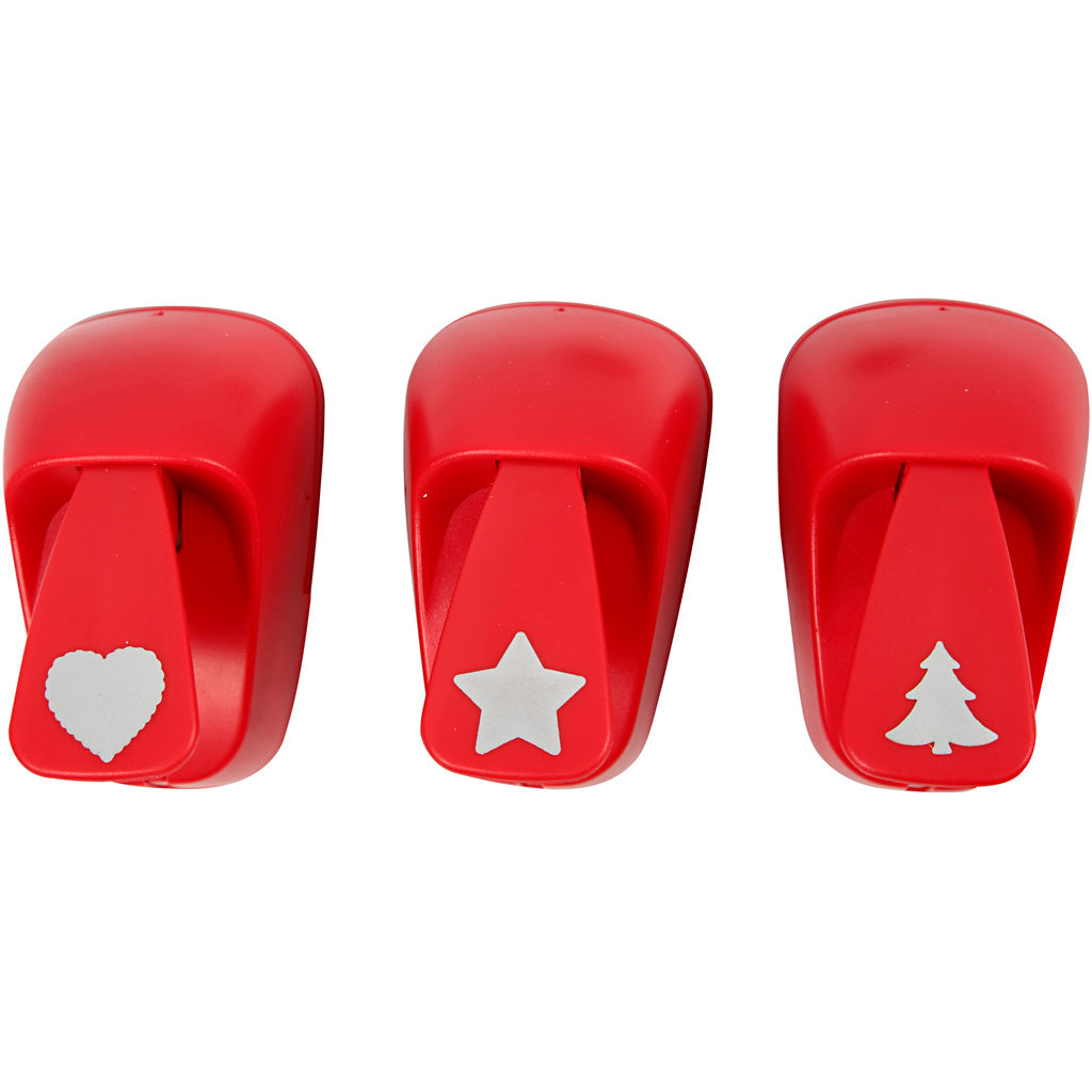 Set de perforatrices, ëtoile, coeur, sapin de Noël, dim. 16 mm, rouge, 1 set [HOB-11340]