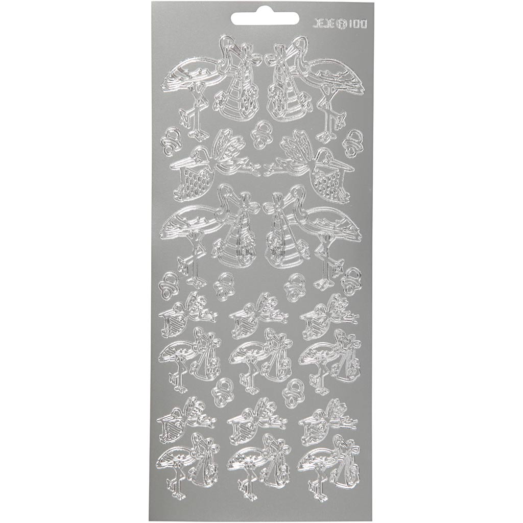 Stickers, stork with baby, sheet 10x23 cm, silver, 1 sheet