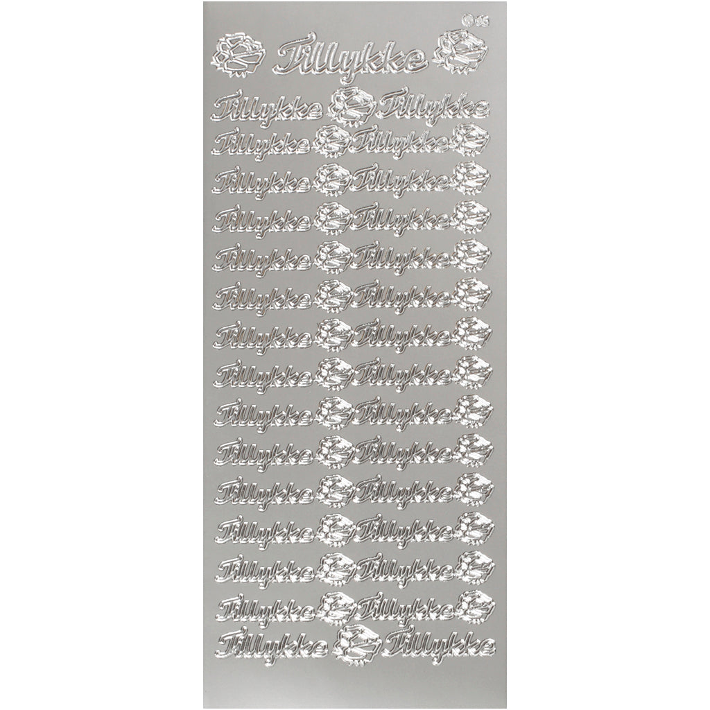 Autocollants, tillykke, feuille 10x23 cm, argent, 1 flles [HOB-170272]