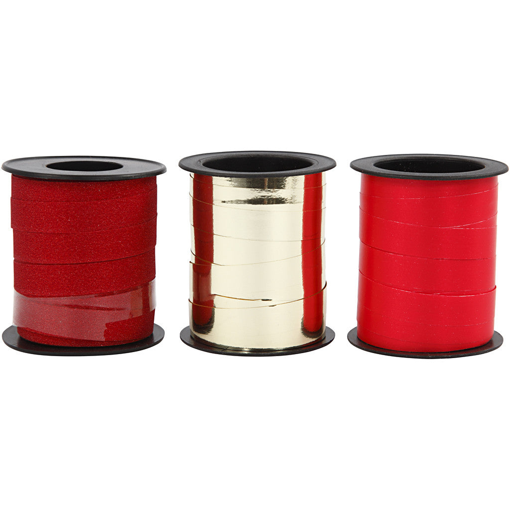 Ruban cadeau, L : 10 mm, or, rouge, glitter rouge, 3x15 m/ 1 Pq. [HOB-202411]