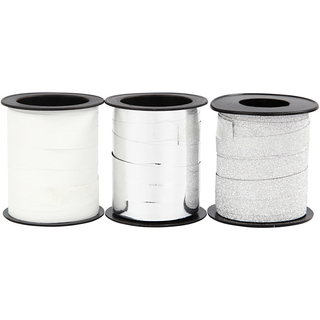 Ruban cadeau, L : 10 mm, argent, argent scintillant, blanc, 3x15 m/ 1 Pq. [HOB-202412]