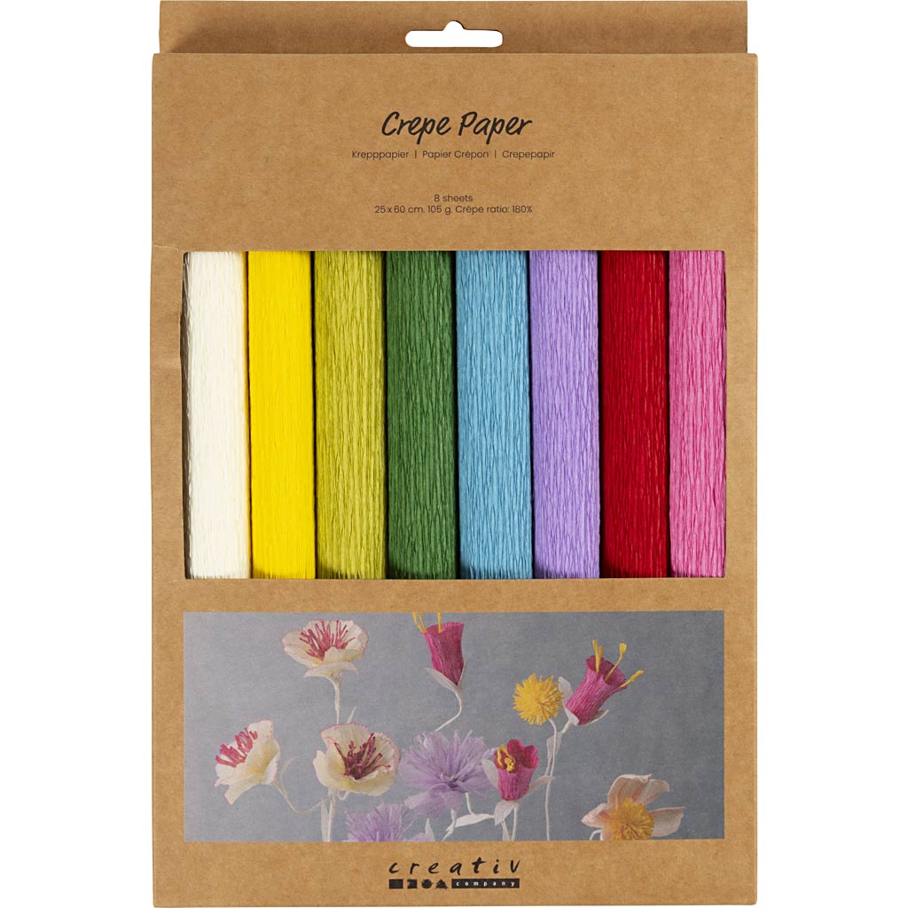 Papier Crépon, feuille 25x60 cm, Crêpé à 180%, 105 gr, couleurs classiques, 8 flles/ 1 Pq. [HOB-209003]
