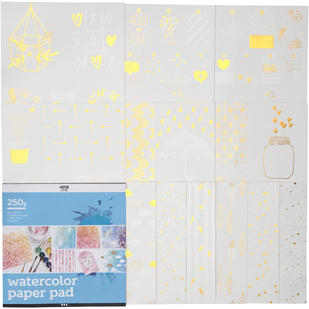 Watercolor Paper Pad with Printed Designs, size 30,5x30,5 cm, white, 12 sheet/ 1 pc