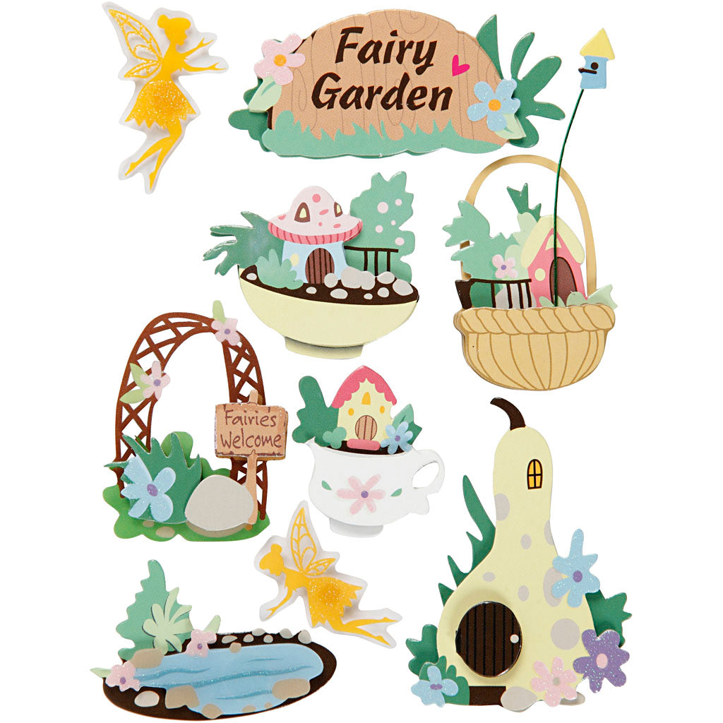3D Stickers, fairy-garden, H: 32-64 mm, W: 30-55 mm, thickness 7 mm, 9 pc