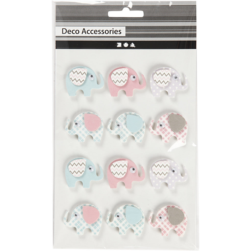 Autocollants 3D, éléphants, H : 25 mm, L : 31 mm, ép. 7 mm, 12 pièces/ 1 Pq. [HOB-27096]