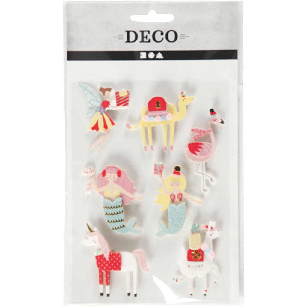Autocollants 3D, flamant rose, lama, sirène, H : 50-60 mm, L : 30-45 mm, ép. 7 mm, 7 pièces/ 1 Pq. [HOB-27695]