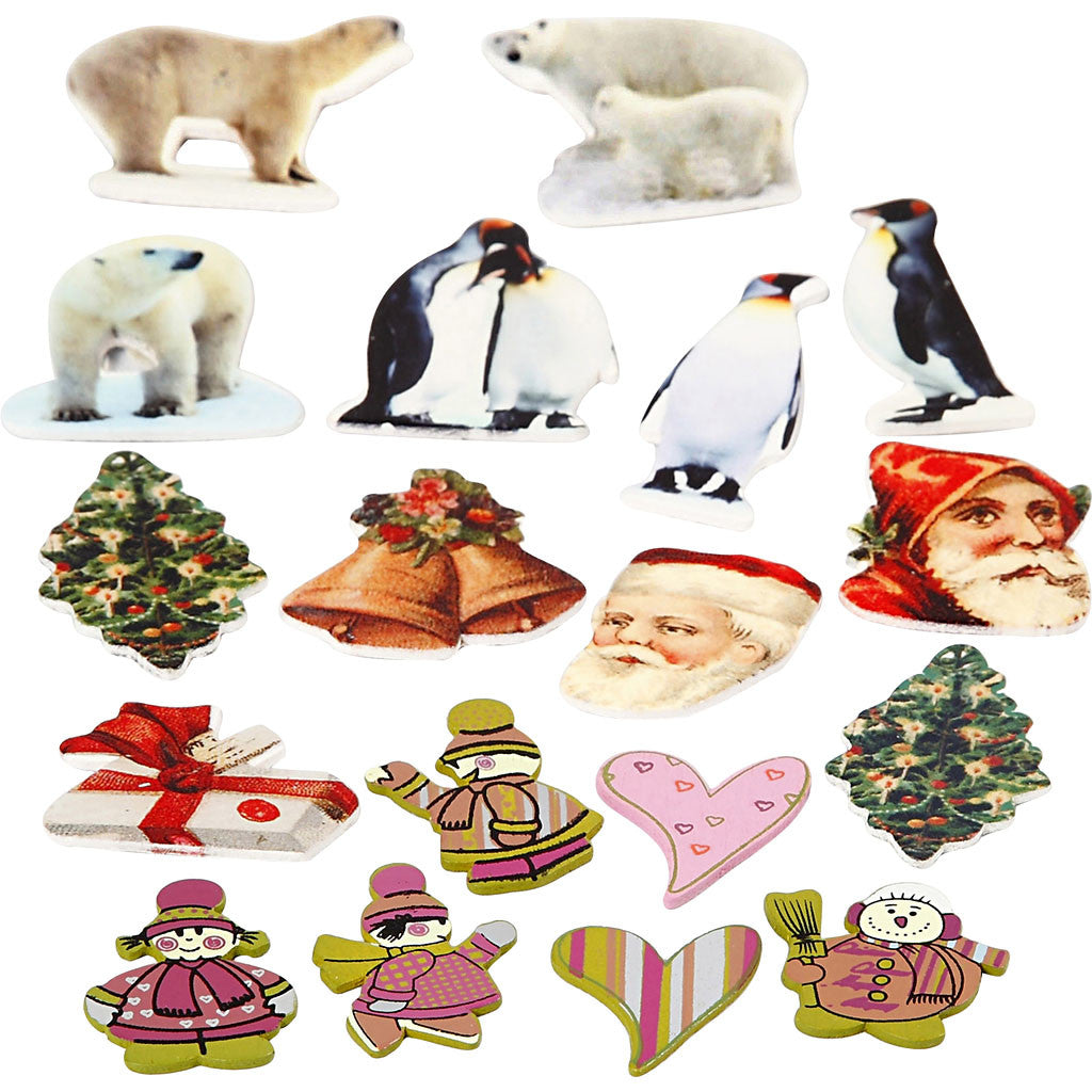 Stickers en bois, H : 40-50 mm, L : 15-45 mm, Le contenu peut varier , 600 pièces/ 1 Pq. [HOB-28278]