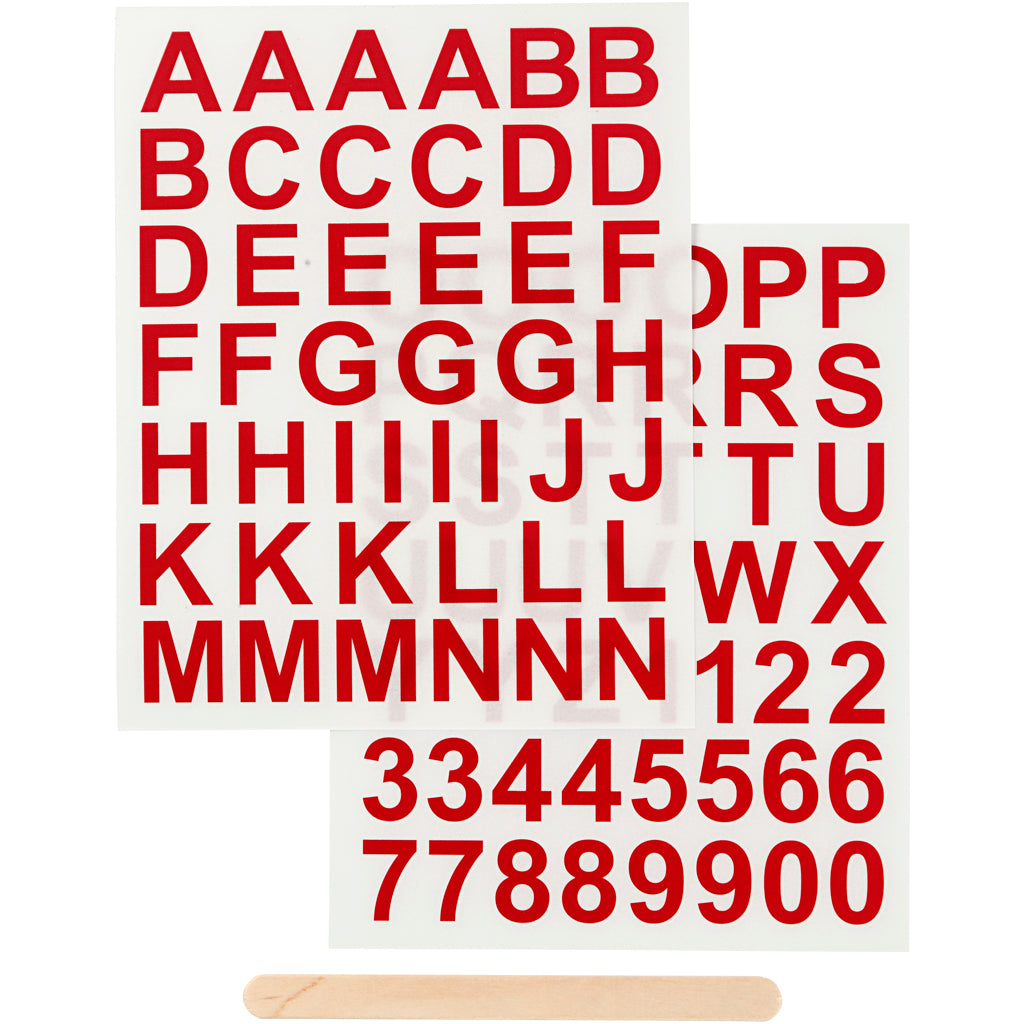 Rub-on Stickers, letters and numbers, H: 17 mm, W: 17 mm, sheet 12,2x15,3 cm, red, 1 pack