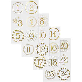 Chiffres autocollant de calendrier de l'Avent, d 40 mm, feuille 9x14 cm, or, blanc, 4 flles/ 1 Pq. [HOB-28457]