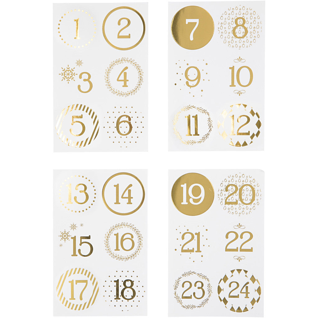 Chiffres autocollant de calendrier de l'Avent, d 40 mm, feuille 9x14 cm, or, blanc, 4 flles/ 1 Pq. [HOB-28457]