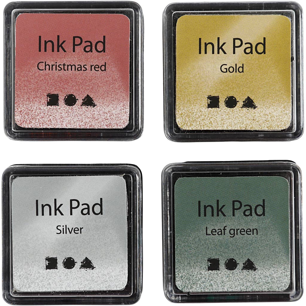 Ink Pad, H: 2 cm, size 3,5x3,5 cm, gold, leaf green, christmas red, silver, 4 pc