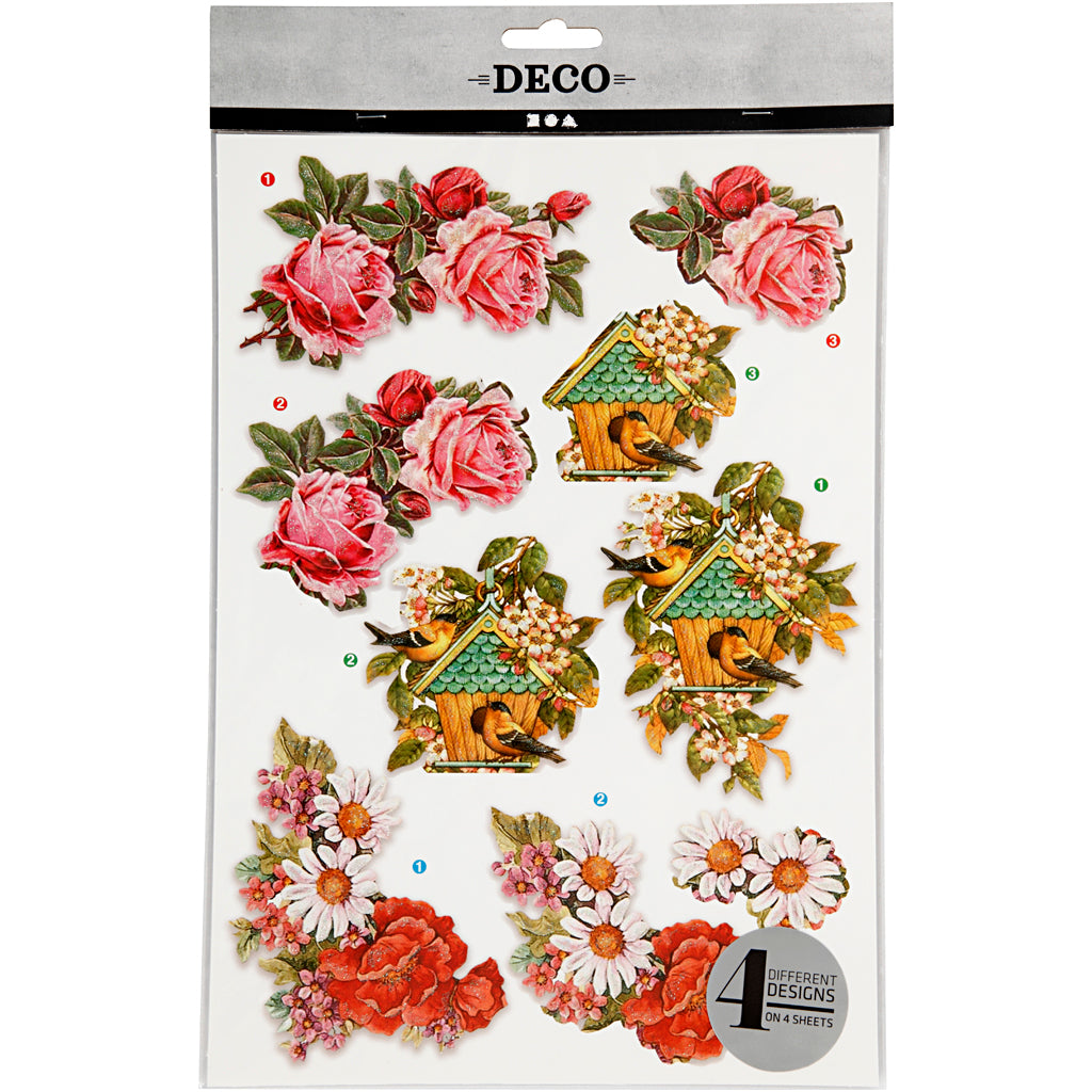 Motifs 3D, fleurs et oiseaux, feuille 21x30 cm, 4 flles/ 1 Pq. [HOB-28701]