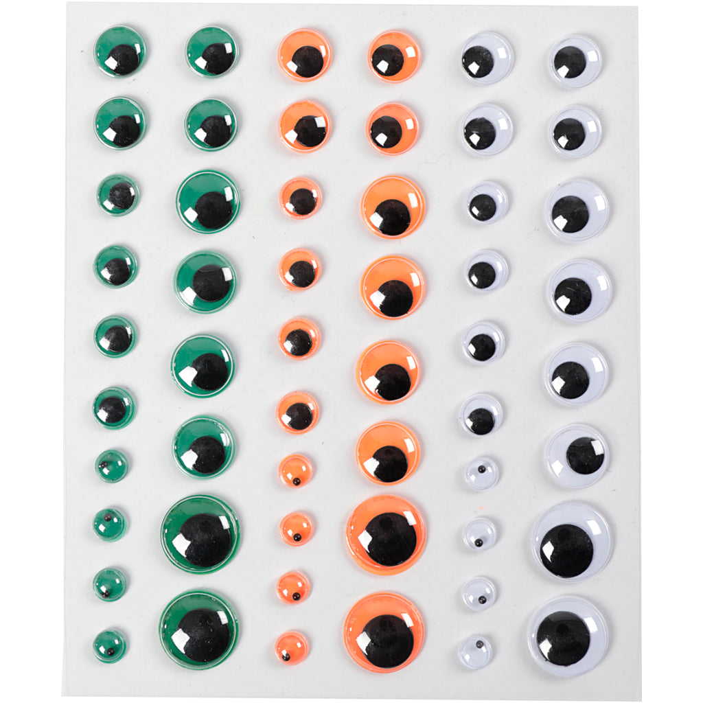 Googly Eyes, self-adhesive, dia. 6+8+10+12+15 mm, green, orange, white, 54 pc, 1 sheet