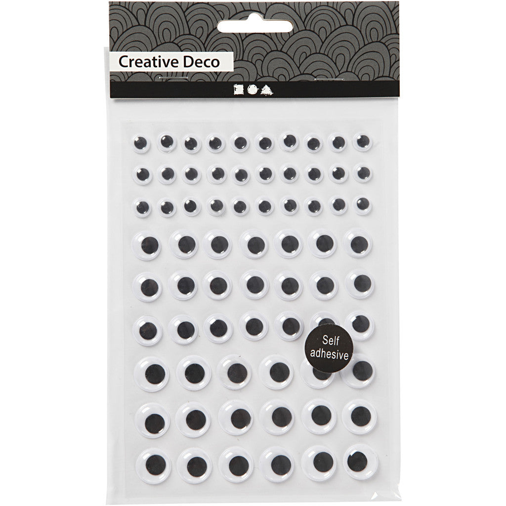 Yeux mobiles, autocollant, d 8+12+14 mm, blanc, 69 pièce, 1 flles [HOB-28997]