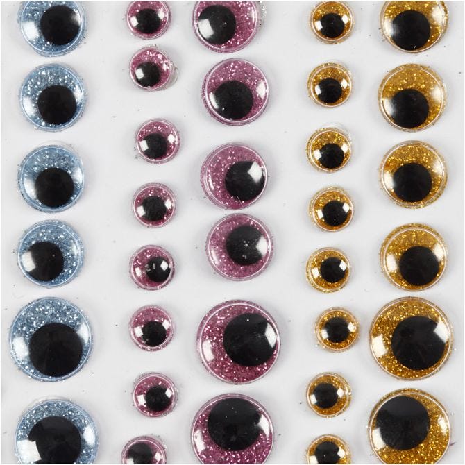 Yeux loucheurs, d 8+10+12+15 mm, bleu clair, or, rouge clair, 54 pièces/ 1 flles [HOB-29061]