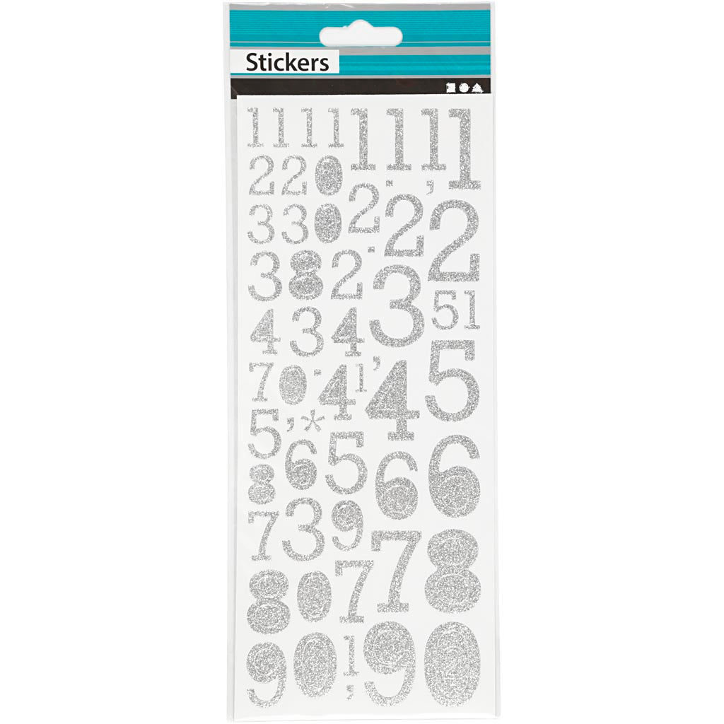 Autocollants scintillants, chiffres, feuille 10x24 cm, argent, 2 flles/ 1 Pq. [HOB-29109]