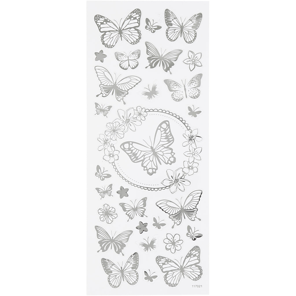 Stickers, butterflies, sheet 10x24 cm, ca. 28 pc, silver, 1 sheet