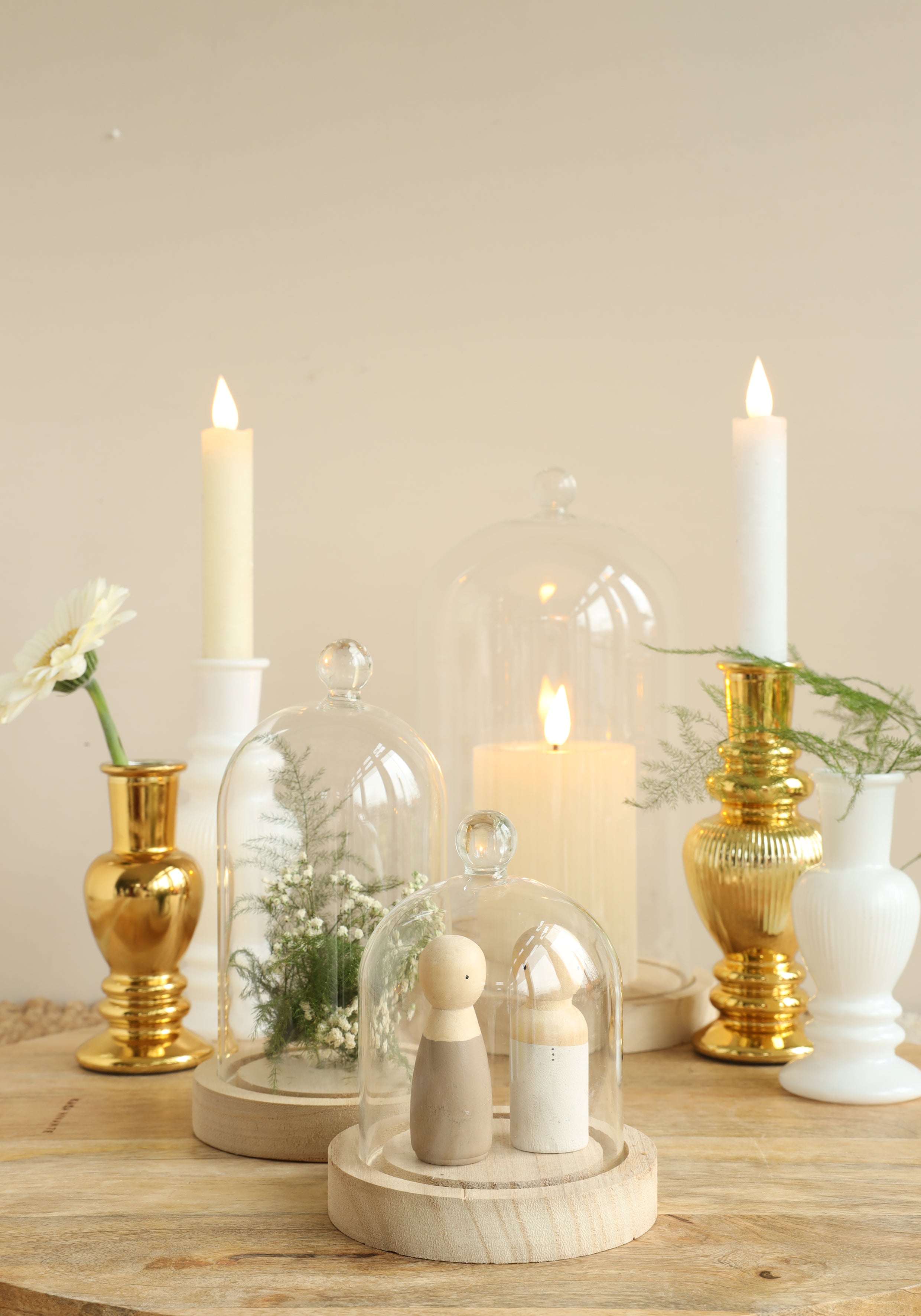 Cloche en verre avec bouton en verre avec base en bois Ø14 h.23,5 cm (1 pc) [IFS-29314]