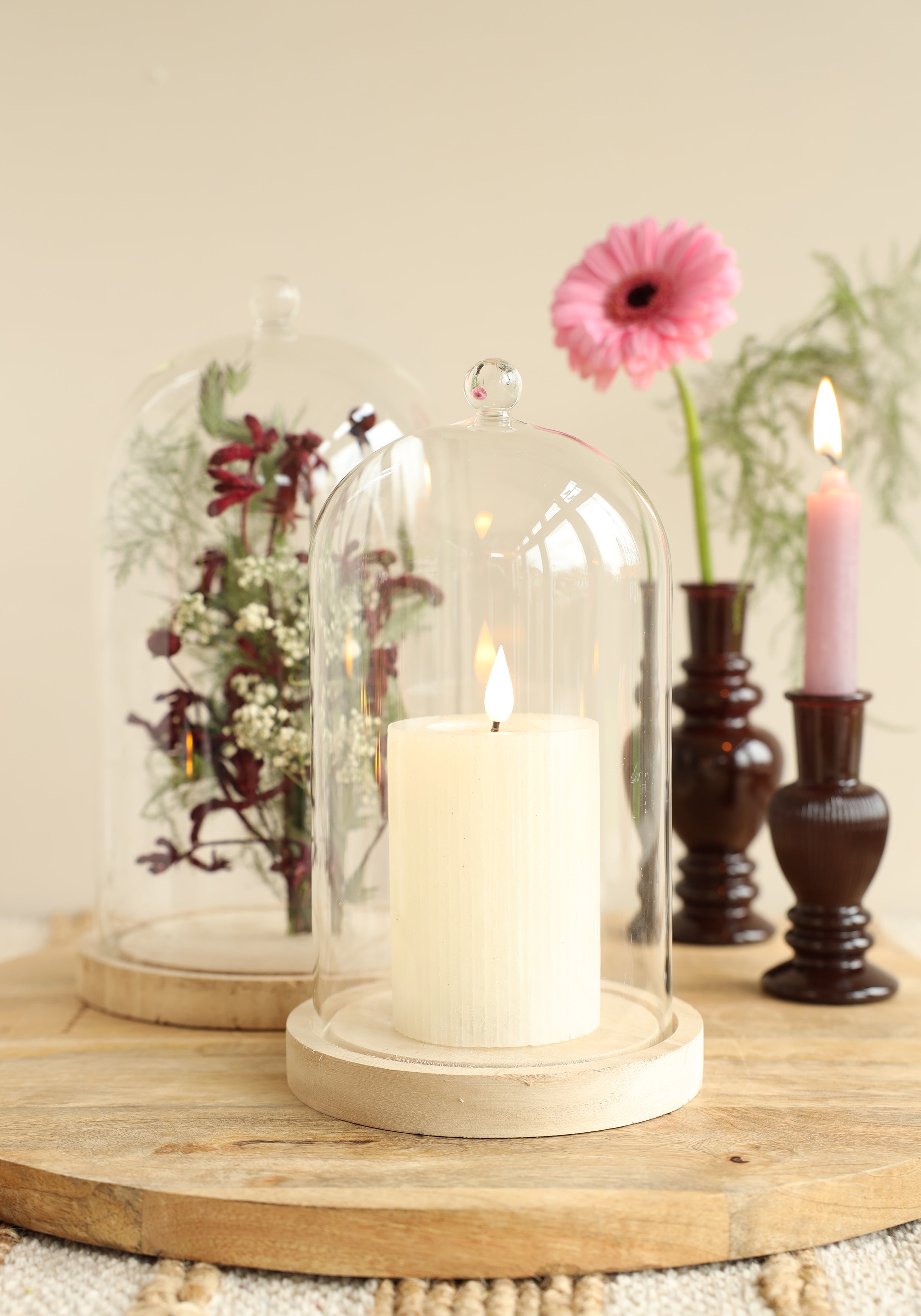 Cloche en verre avec bouton en verre avec base en bois Ø14 h.23,5 cm (1 pc) [IFS-29314]