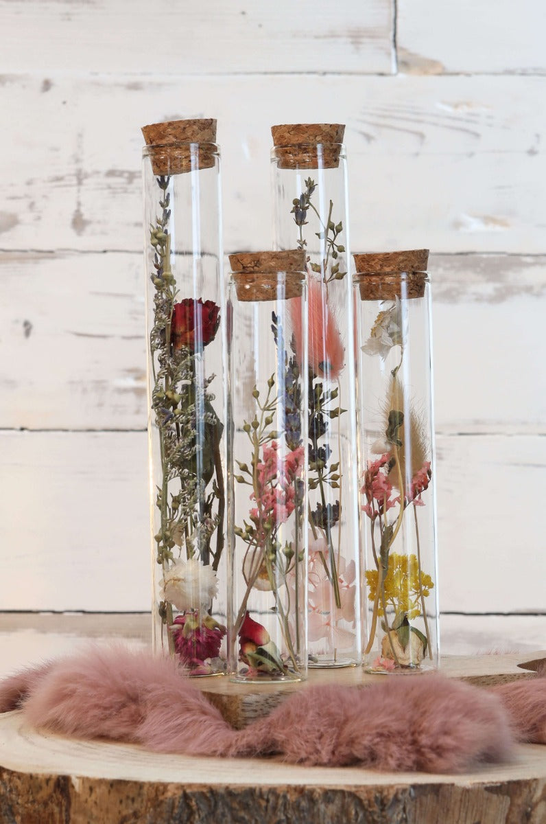 Tube en verre avec 2 fleurs séchées différentes Ø3cm - 20cm haut (12 pièces.) [IFS-29344]