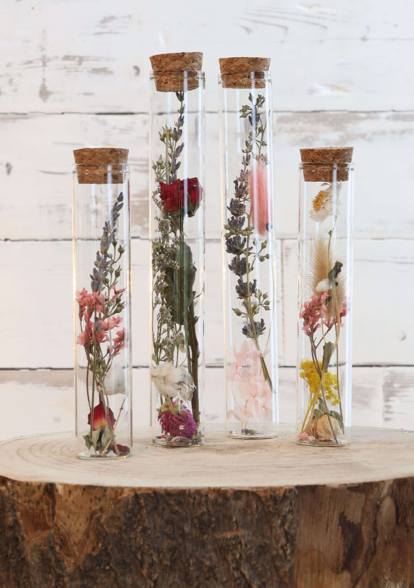 Tube en verre avec 2 fleurs séchées différentes Ø3cm - 20cm haut (12 pièces.) [IFS-29344]