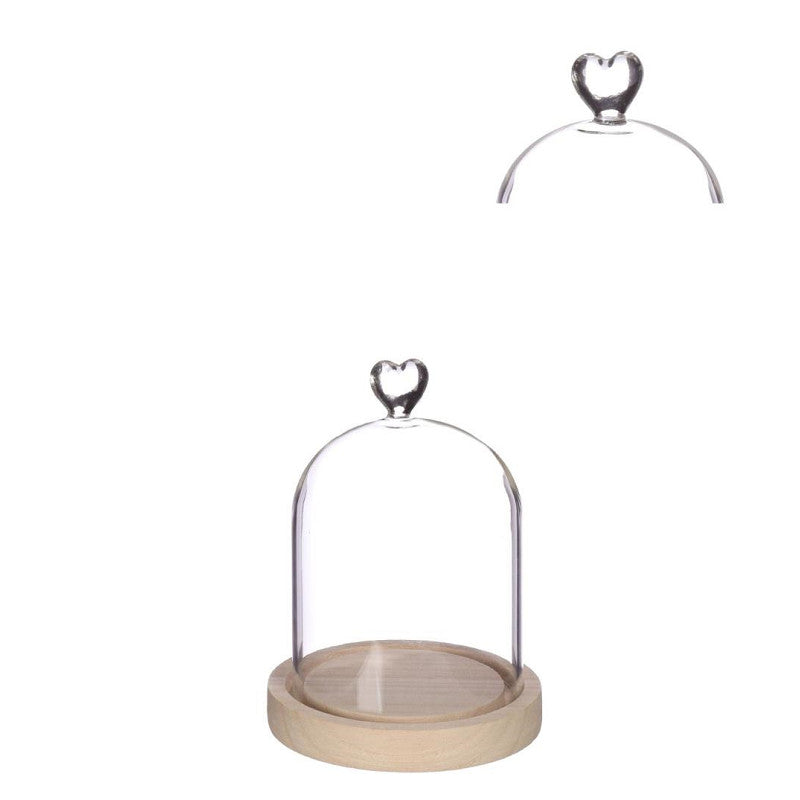 Cloche en verre avec base en bois et cœur Ø 12 cm, H. 16 cm (1 pièce) [IFS-29362]