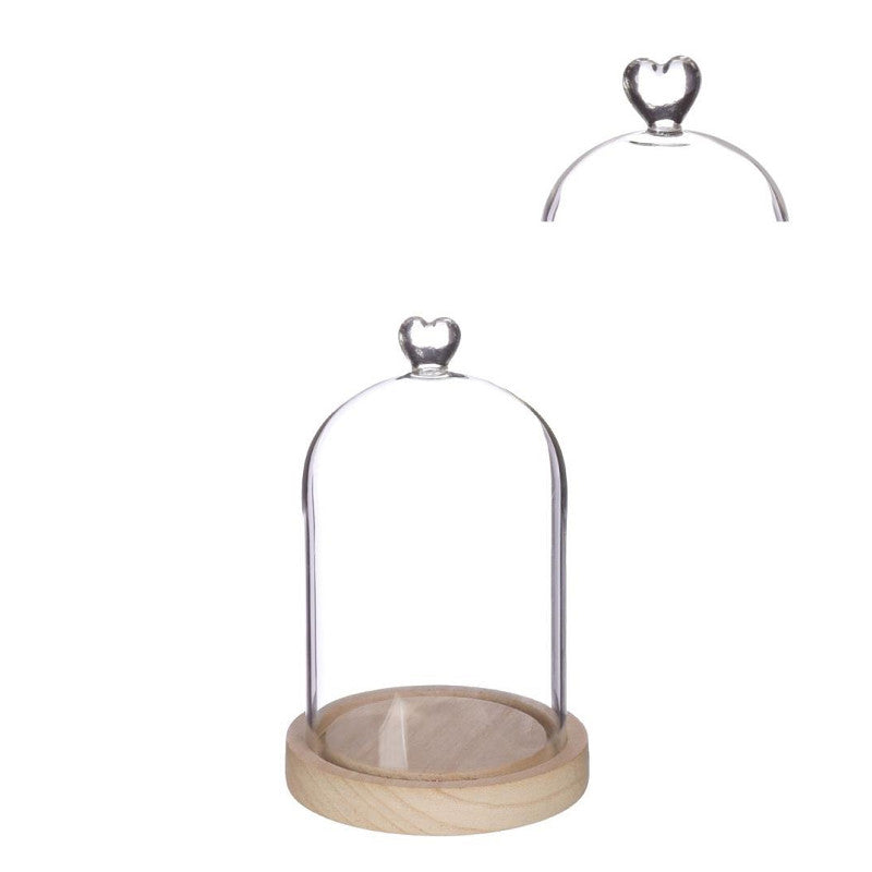 Cloche en verre avec base en bois et cœur Ø 12 cm, H. 18,5 cm (1 pièce) [IFS-29363]
