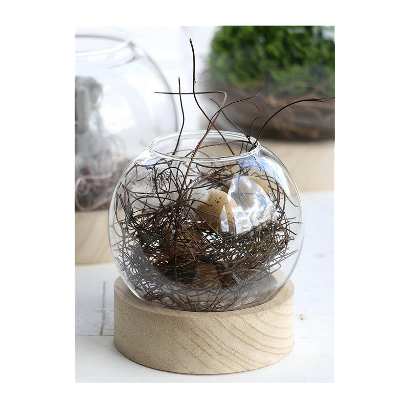 Vase boule en verre avec base en bois Ø 10 cm, H. 11 cm (1 pièce) [IFS-29411]