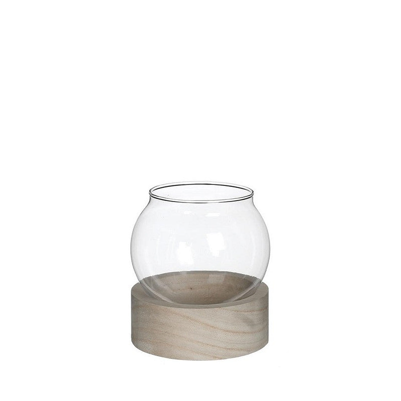 Glass Ball Vase w.Wood Base Ø10 h.11cm